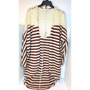 Giddy Up Glamour Open Front Crochet Lace Cardigan Duster Open Front Striped, XL